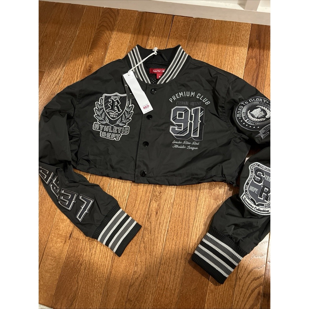 Smoke Rise Women's Medium Cropped Premium Club Polyester Patch Jacket Black NWTs